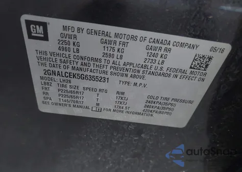 2016 Chevrolet Equinox Lt from USA, damaged, VIN 2GNALCEK5G6355231